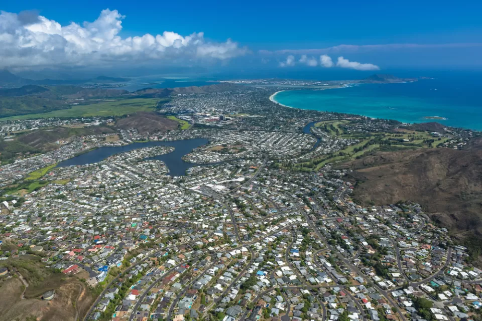 Aerial view of residential development near beach in Oahu, Hawaii